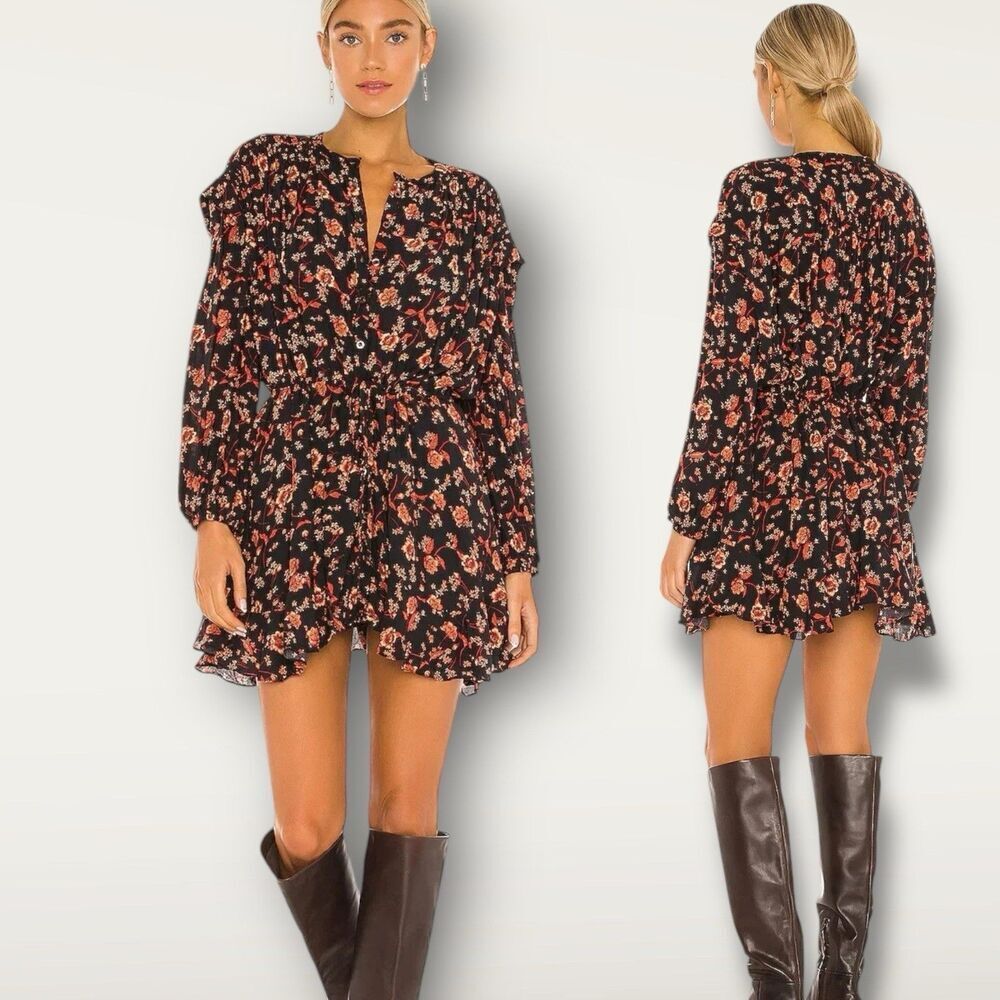 Free People Flower Fields Button Down Pleated Drawstring Waist Dress Black NWT